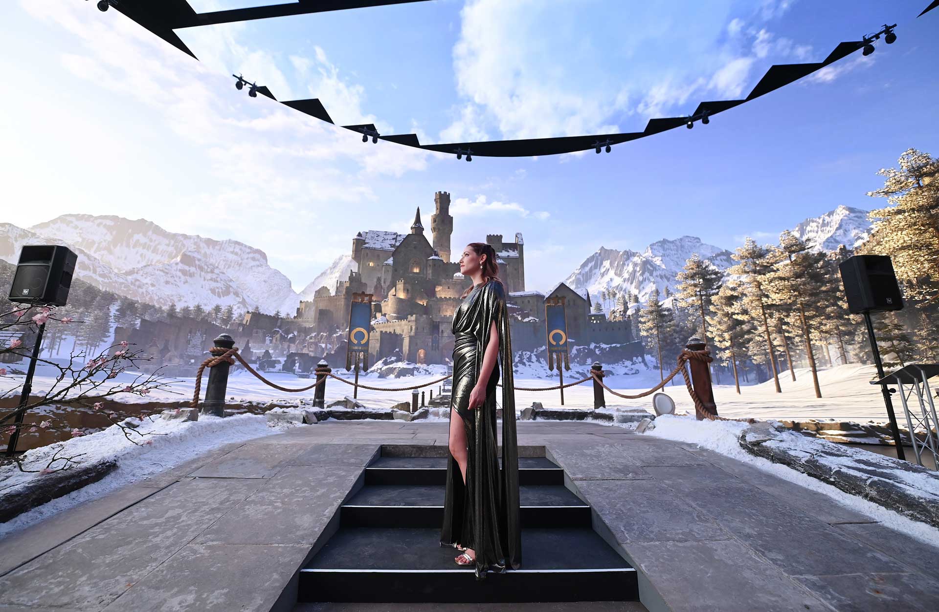 Virtual production studio at Studio Ulster featuring a curved ROE Visual Ruby-C 2.3 LED wall, CB3 LED ceiling panels, and a Black Marble BM4 LED floor for immersive ICVFX.